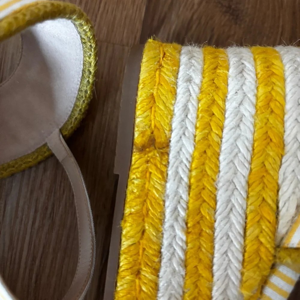 Stuart Weitzman Yellow and White Striped Espadrille Wedge Sandals Mirela - Picture 10 of 12